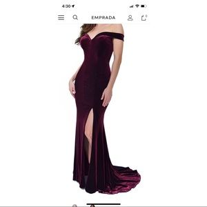 Jovani velvet burgundy off the shoulder mermaid maxi dress